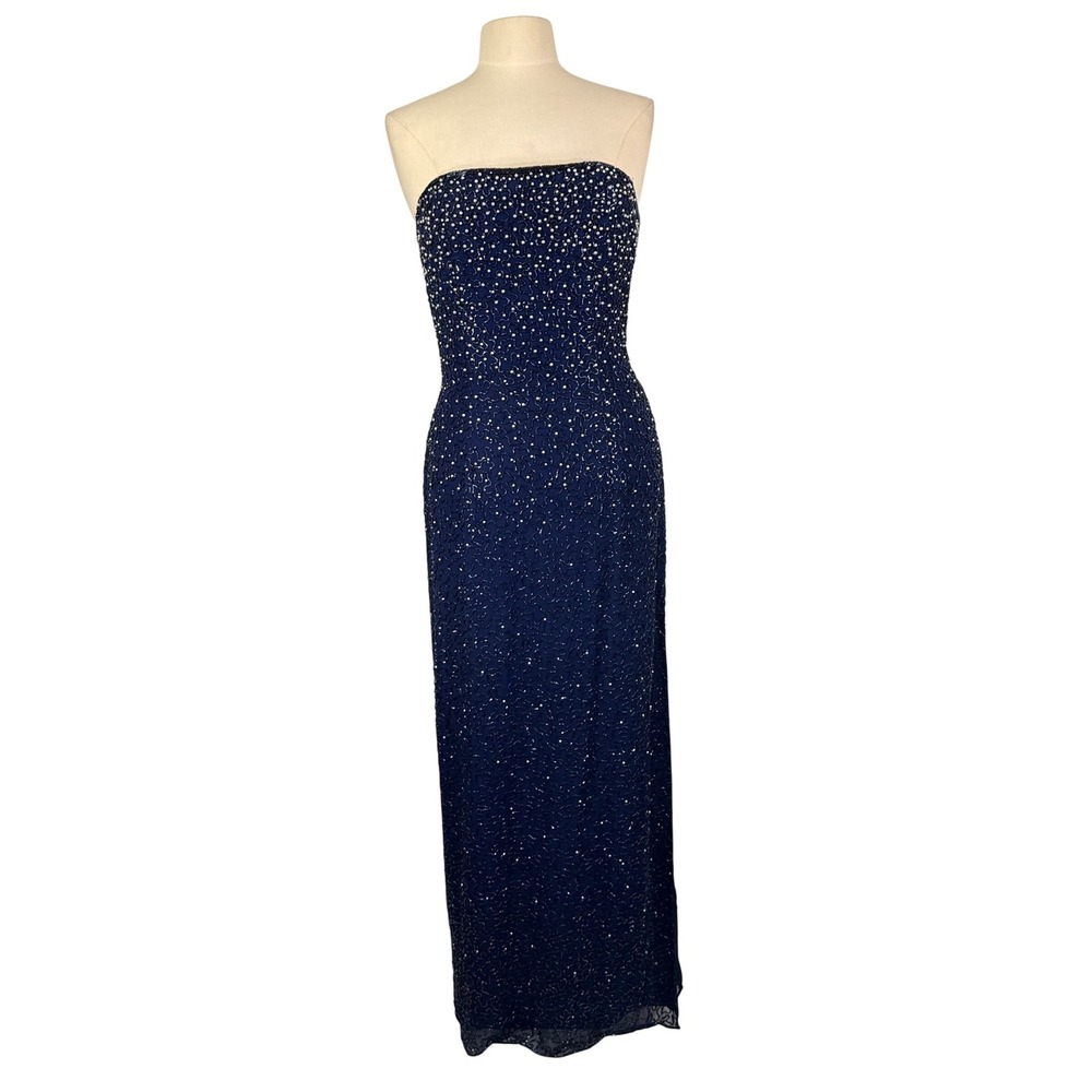 Andretta Donatello Blue Silk Beaded Strapless Evening Gown Dress Long Slit‎ M